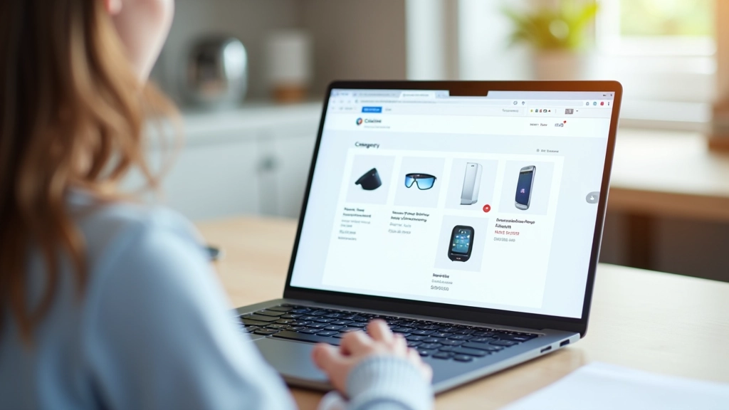 Laptop screen displaying product category structure with breadcrumb navigation and filter options