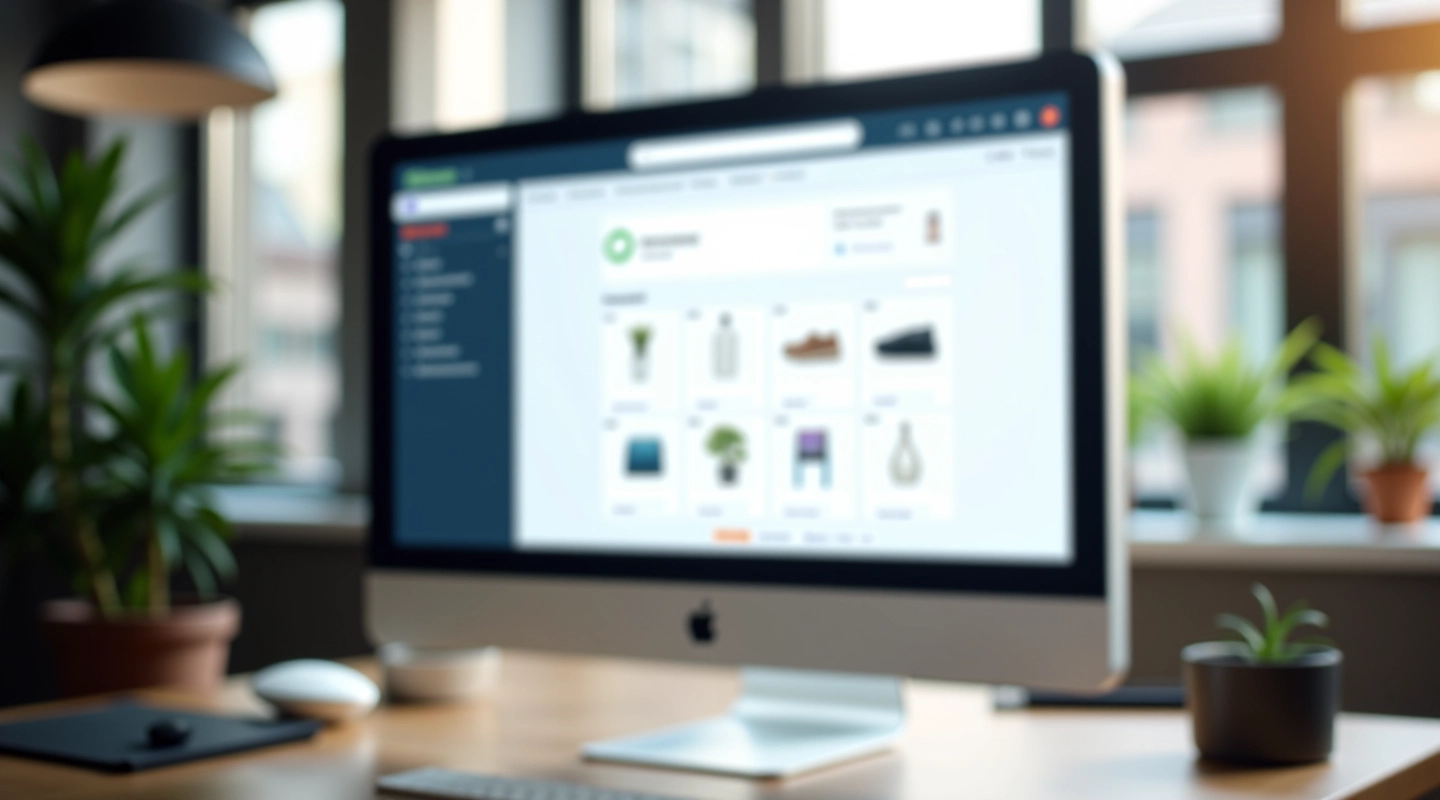Modern ecommerce store interface showing product categories and filtering options on a bright computer monitor