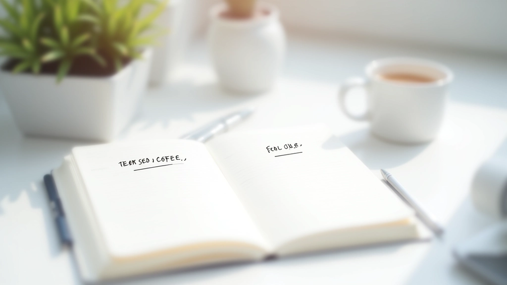 Notebook with SEO notes and filter strategy sketches next to a cup of coffee on a clean desk