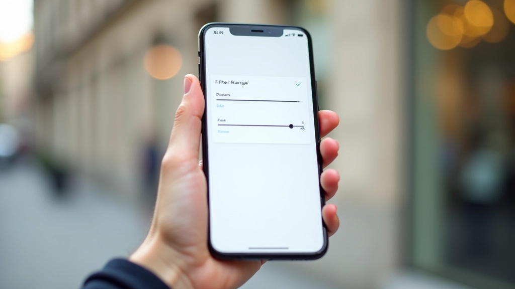 Mobile phone displaying product filter interface with price range and category checkboxes selected