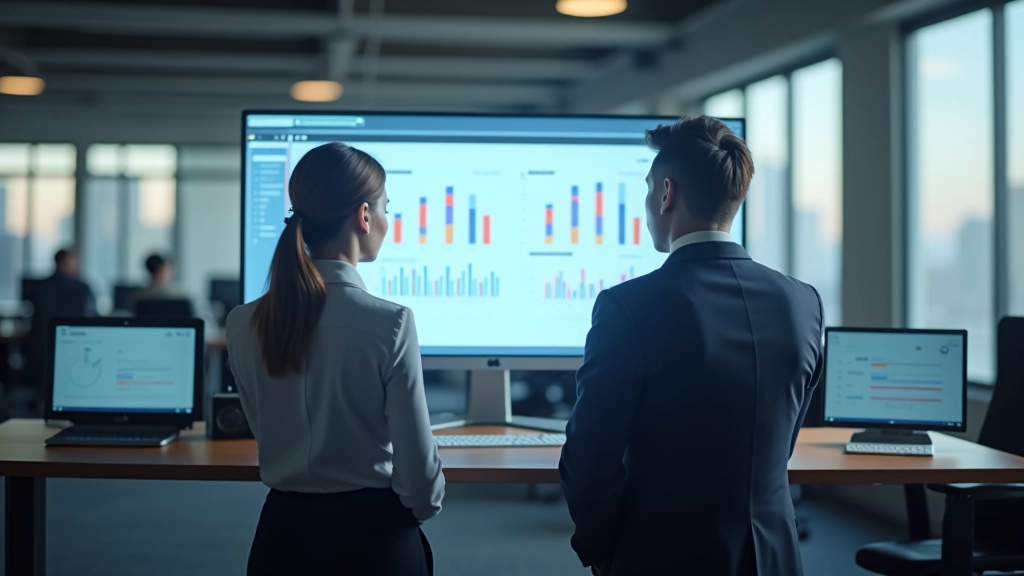 Team reviewing category performance metrics on a large monitor in a collaborative workspace